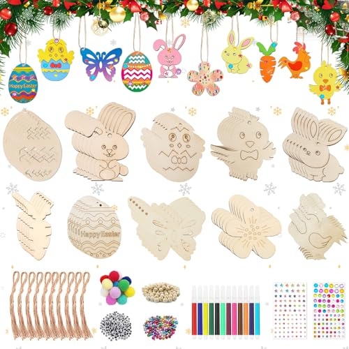 Pendente Pasquale In Legno, 264Pcs Decorazioni Pasquali in Legno da Appendere, Artigianato in Legno di Pasqua, Ciondoli Pasquali in Legno per Pittura, Artigianato Pasquale Fai da Te, Regali di Pasqua