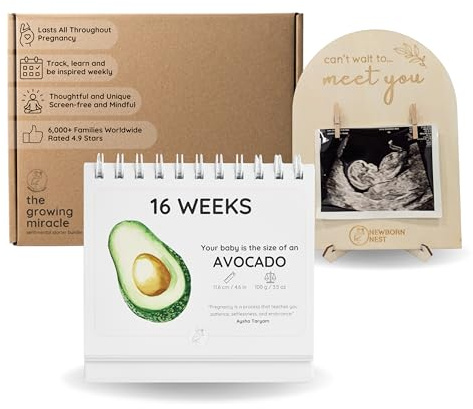 Newborn Nest The Growing Miracle Pregnancy Calendar Bundle with Wooden Ultrasound Photo Frame