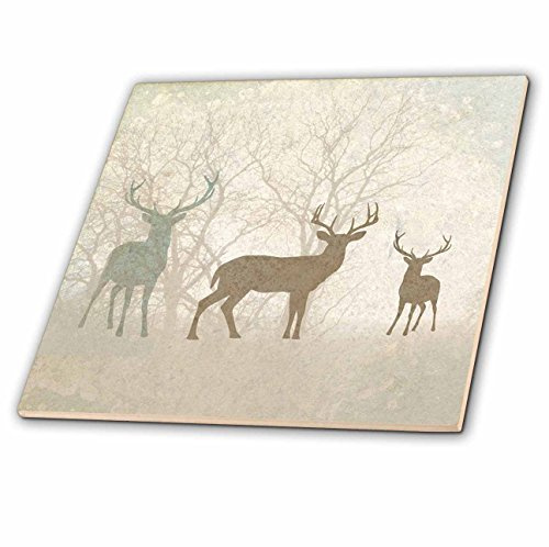 3dRose ct_215932_4 Deer Silhouettes Set Against Faded Forest Background in Earth Tones Ceramic Tile, 12