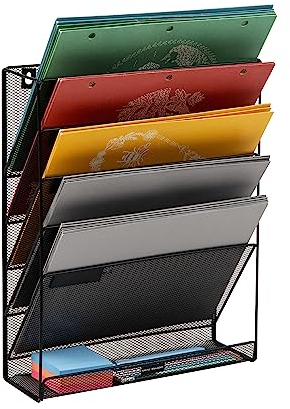 Mind Reader 5-Tier Vertical File Storage, Desktop Organizer, Wall Mount, Office, Metal Mesh, 12.75 L x 4 W x 16 H, Black