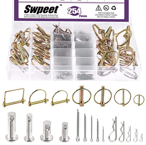 Swpeet 254 Stück robuste 6 Stile 1/4 Zoll 2/5 Zoll 5/16 Zoll Anhängerkupplung Linch Pin und PTO Pins mit 304 Edelstahl Splint Haarnadel und R-förmige Clips Sortiment Kit