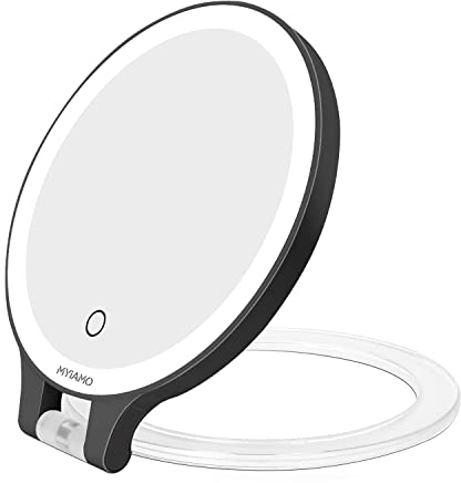 Kostlich MYIAMO Schminkspiegel mit Beleuchtung, Doppelseitiger Kosmetikspiegel mit 1X/10X Vergrößerung und 3 Lichtfarben, Tischspiegel mit Verstellbarem Klappgriff für Zuhause und Reisen, Schwarz