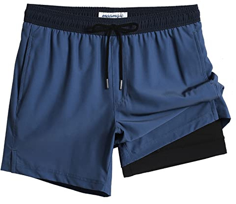 MaaMgic Short de Bain Homme Maillot 2-in-1 Séchage Rapide Slip Doublure pour Vacances sur la Plage Sport Surf 5.5,Bleu Gris Noir,L