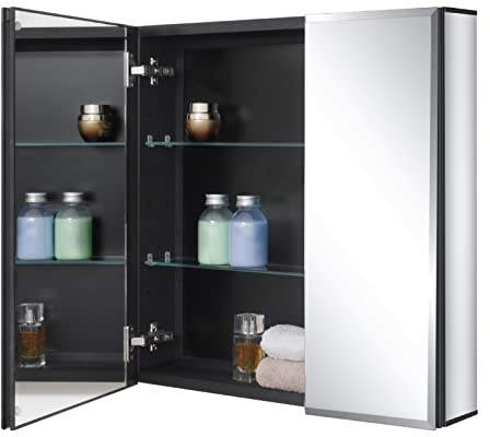 Fundin Black Aluminum Medicine Cabinet 24 x 24 Inch Recessed or Surface Mount, with Double Door and Adjustable Shelves.