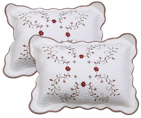 vctops Cotton Quilted Pillow Shams Set of 2, Elegant Floral Embroidered Pillow Cases Standard Size Vintage Farmhouse Decorative Pillow Covers (Type E, 20 x 26 Inch)