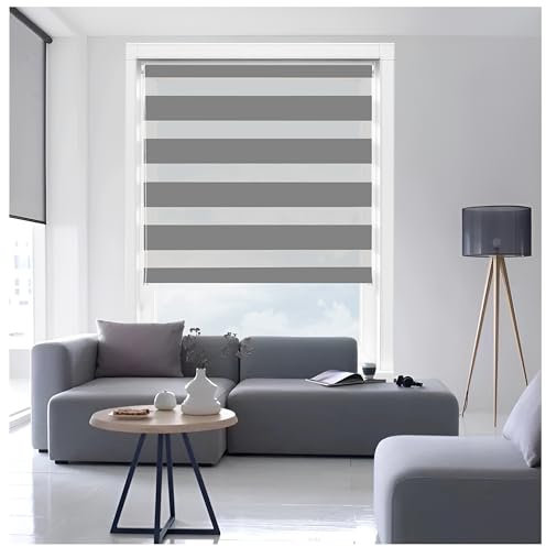 Ruby Deals Zebra Roller Blind Dual Layer Fabric Windows Blinds Window Roller No Drilling/Drilling Day and Night Grey Zebra Blinds W 114cm x H165cm