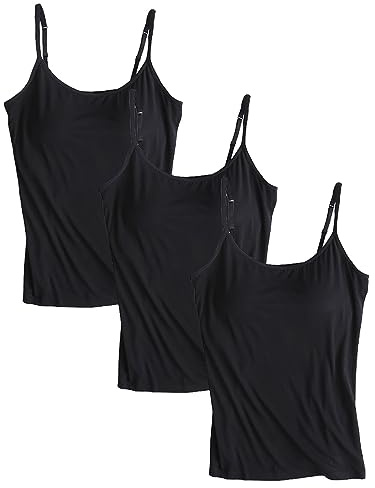 Jamron Mujer 3 Piezas Camisola sin Mangas con Sujetador Integrado Camiseta Interior con Tirantes Finos Ajustables Negro + Negro + Negro L