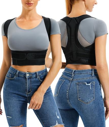 Junlan Women and Men Upper Back Brace Adjustable Back Support for Neck, Shoulder and Back (Black,M-L)