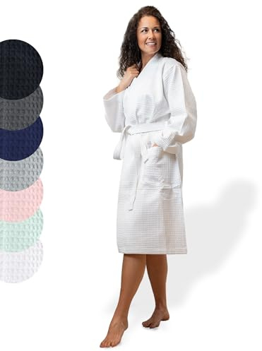 SIEGENTHAL® Damen Bademantel Waffelpique 100% Baumwolle mit Schalkragen Leicht Morgenmantel - Weiß S - M