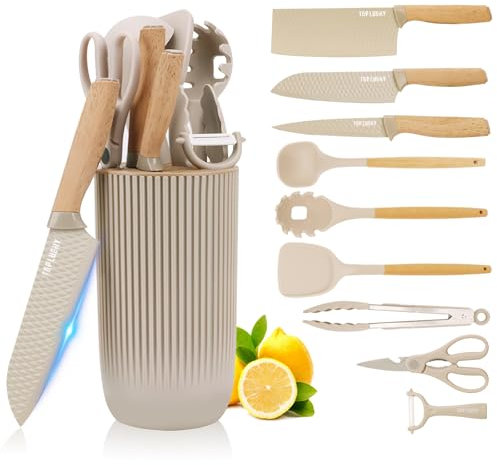 Justup Messerset, 10-teiliges Küchenutensilien Set mit Messer Set und Utensilienhalter - Inklusive 6 Messer & 4 Silikonutensilien, Messer Set mit Block und 4 Silikon Spatel Set (Khaki)