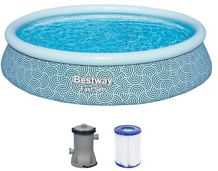 Bestway Fast Set piscina con pompa filtro, Ø 396 x 84 cm, 7,340 litri, materiale TriTech a 3 strati, design a linea grafica, pompa filtro, cartuccia filtro, toppe di riparazione
