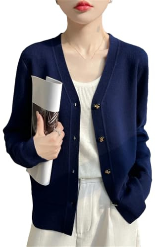 Hndudnff - Maglione da donna in lana con scollo a V, cardigan casual a maniche lunghe, top lavorato a maglia, blu navy, XXL