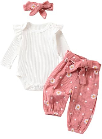Geagodelia 3Pcs Baby Girl Daisy Clothes Outfit (Long-Pink, 0-3 Months)