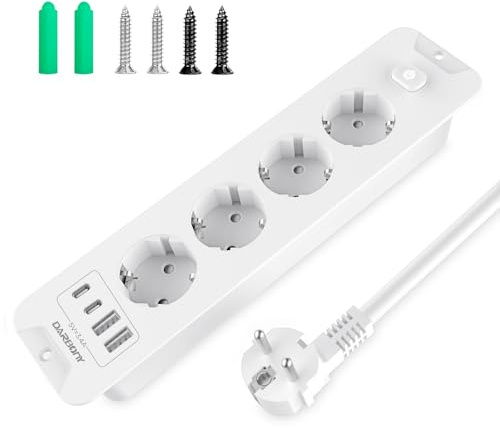 Presa a scomparsa con 2 USB C, ciabatta elettrica a 4 prese da incasso 4000W 16A presa da tavolo per piano di lavoro ripiano tavolo, multipresa con 4 USB ciabatta cavo 2M bianco