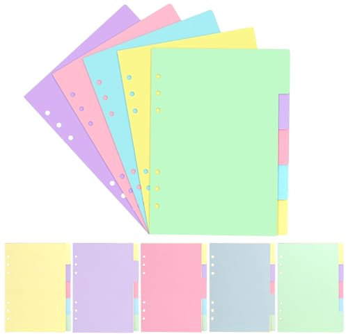 Prmape 25 Blätter/5 Sätze Trennblätter A5 6 Loch, 5 Farben Ordner Register Pastell Papier, Ringbuch Register Planer, Ringordner A5 Trennblätter für Loseblatt Notizbuch, Personal Organizer