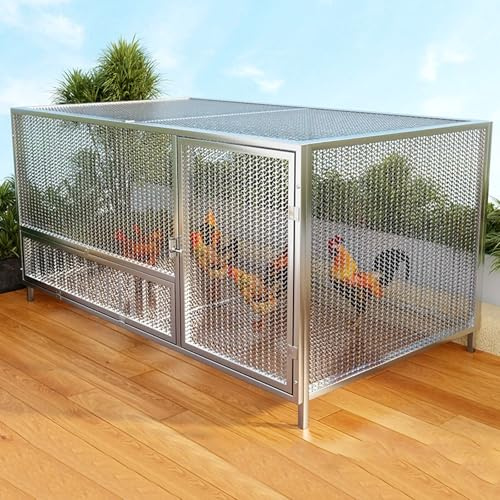 Pollaio in Ferro per Galline Design A Doppia Porta Lunghezza 100/147 Cm Recinto per Galline Da Esterno Serratura, per Polli, Anatre E Conigli(Silver,100 * 58 * 62CM)