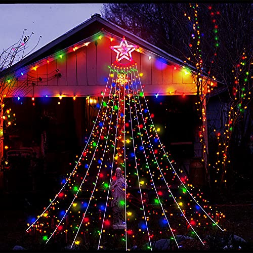 Kwaiffeo Decorazione natalizia esterna: 3,5 m, 350 LED a cascata con 8 modalità, illuminazione natalizia per albero di Natale, casa, cortile, veranda, terrazza, giardino, multicolore