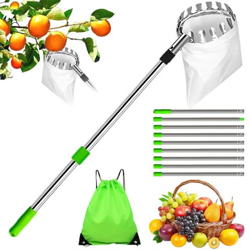 Afenau Raccoglitori per frutta, 3,6 m, con manico telescopico, 9 sezioni di raccolta di frutta per ciliegie, con porta sacchetti di stoffa e custodia, raccogli ciliegie per raccogliere frutta da