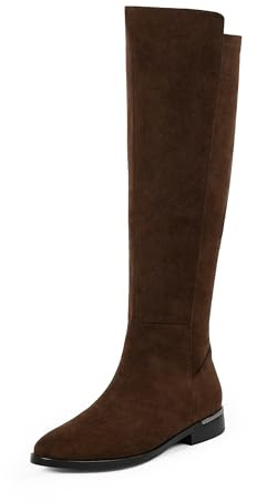 Modatope Chocolate Suede Knee High Boots Women Flat Rounded Toe Riding Boots Low Chunky Heel Elastic Fall Winter Boot Size 8
