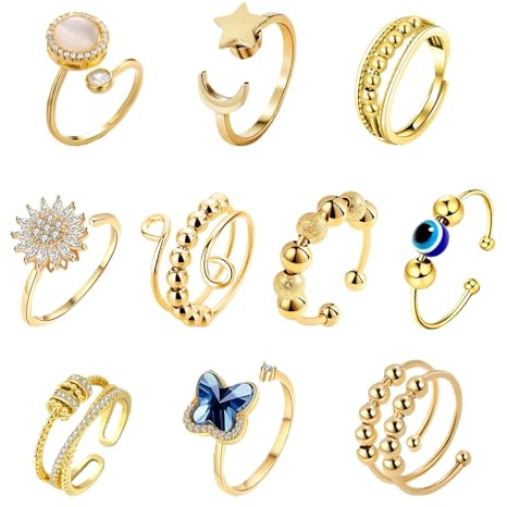Pluvyze Anxiety Ring Gold Anti Stress Adhs Anello Stressring Dita Ansia Fidget Donna Con Sfere contro lo Stress Nervosismo