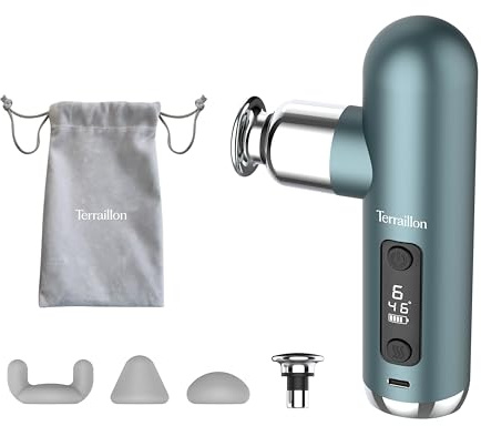 TERRAILLON - MINI MASSAGER - Pistolet de massage, détente et relaxation, 6 vitesses, 4 embouts, zone chauffante, 800-3200 rpm, massage à l'huile, USB-C, 5h autonomie, Bleu-Vert