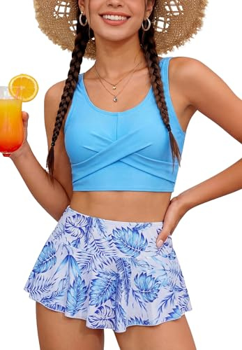 SEAUR Chica Conjunto Bikini con Falda 2 Piezas Traje de Baño Adolescentes Verano Playa Piscina Niña 9-16 Años, azul, 9-10 Años