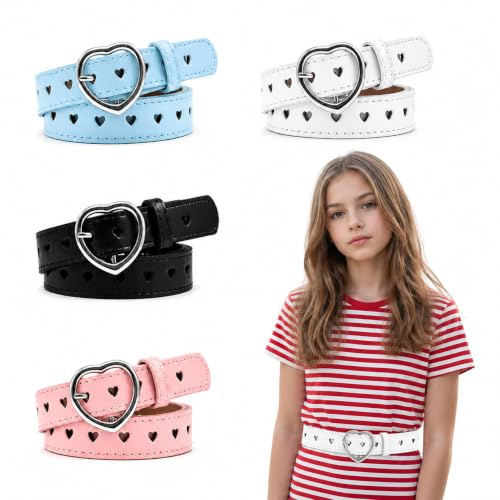 4 Pcs Girls Belts, Cute Heart Shape PU Leather Waist Strap Set 105 cm / 41.34 in, Adjustable Skinny Waistbands with Alloy Buckles for Jeans Dresses School Outfits Parties (Black, White, Blue, Pink)