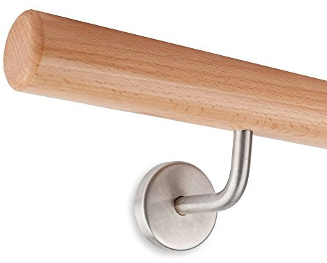 Set main courante ronde en hêtre verni Ø 45 mm avec fixations en acier inoxydable (300 cm + 3 supports)