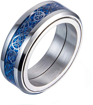 HIJONES Moda Plata Fibra Continuar Giratorio Boda Anillo para Unisexo Acero Inoxidable Gótico Joyas Azul Talla 28