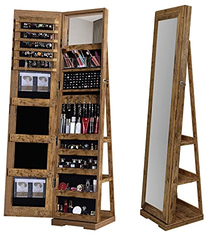 DlandHome Armoire à Bijoux Debout avec Miroir Plein Longueur & 360°Rotatable Base Autoportante Verrouillable à Pied, Armoire de Rangement pour Les Bijoux, Foulard (Rétro)