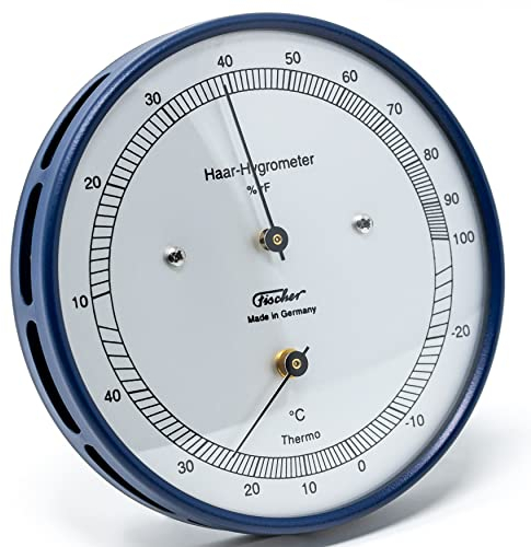Fischer 111.48T - Haar-Hygrometer mit Thermometer - 103mm Außen-Luftfeuchtigkeitsmesser Made in Germany – Edelstahl blau