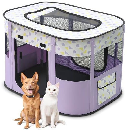 ALLSOPETS Parc à Chien Pliable pour Chiots et Chats, Points Violets, L