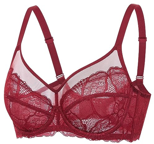 DOBREVA Women's Lace Full Coverage Minimiser Bra Unlined Underwire See Through Plus Size Bra Chinese Red 40DD