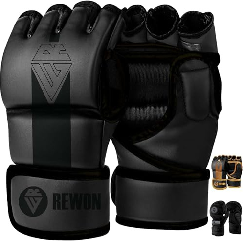 REWON MMA Grappling Handskar Träning Kampsport Open Palm Handskar för Kickboxning Sparring Muay Thai Boxning Combat Man Women (S/M, SVART/SVART)