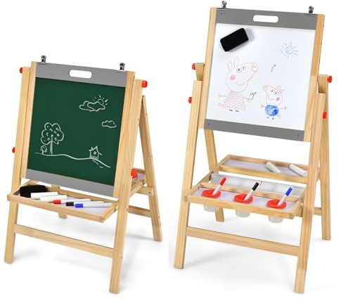 GYMAX Children Easel, Wooden Chalkboard Painting Board (Natural + Grey) | Paper Roller, Double Sided Board for Kids Toddlers