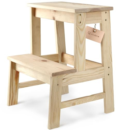 KADAX Scaletta in Legno di Pino con Finitura Naturale e Design Ergonomico, Scaletta da Cucina con 2 Gradini Larghi per Maggiore Stabilità e Sicurezza