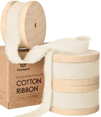 Vitalizart Ruban de Coton 1,6 cm x 19,2 m (3 Rouleaux*6,4 m) Blanc Crème, Franges Faites Main Rubans en Tissu pour Invitations de Mariage Bouquets de Mariée Vacances Décoration Emballage Cadeau