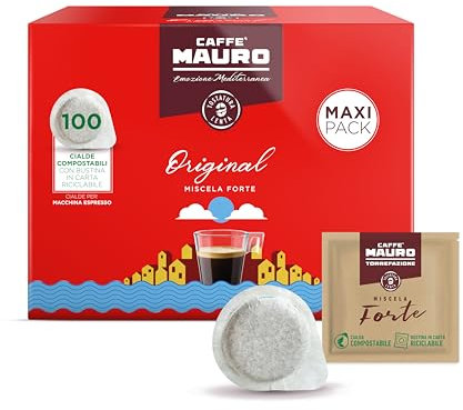 Caffè Mauro Dosette Compostable, Mélange Original intensité 10/10-100 Dosettes en Papier de Café - Compatible Pour Easy Serving Espresso (Système ESE 44 mm)