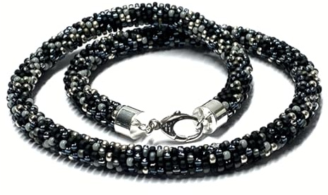 Kette gehäkelt Glasperlen 925 Silber Schließe Handarbeit Unikatschmuck Häkelkette schwarz grau silber 45cm