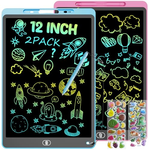 12 Pouces Tablette Dessin Enfant, Tablette d'écriture LCD Colorée, Ardoise Magique, Tablettes Graphiques avec Fonction de Verrouillage & D'effacement, Jouet Educatif de Filles et Garçons, Bleu+Rose