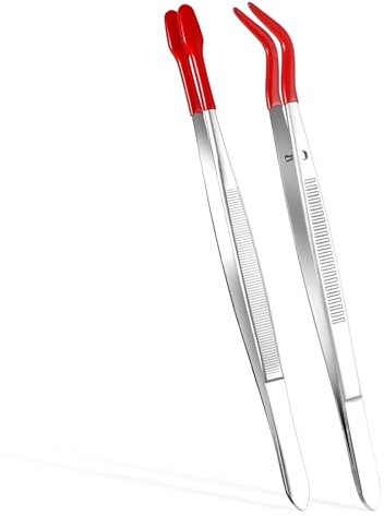 2 pinzas de acero inoxidable, pinzas de precisión, pinzas largas, pinzas para manualidades con puntas de goma, punta plana con puntas de goma y PVC para laboratorio, joyas, fabricación de sellos