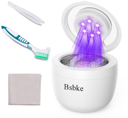 Bsbke Ultrasonic Retainer Cleaner 45kHz Dental Cleaning Machine With 6 U/V Lights Adjustable Buzzer Alarm 200ML Capacity White