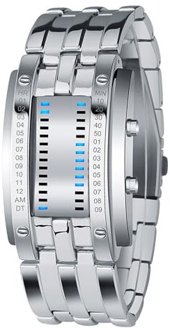 lvifloae Generic Mens Binary Watch Casual Sports Blue Backlight Fashion Quartz Movement LED Digital Wristwatch for Outdoor Parties (Silver Large Size)
