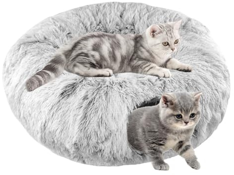 LEKEFETO Kattunnel, kattleksak för inomhuskatter med plyschkattsäng, tunnel för katter, rund med hängande boll och titthål, för kaninillrar – grå, 85 x 26 cm