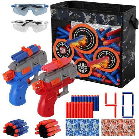 Shooting Games Toys with Target for Nerf, 80 Foam Darts, 2 Toy Blasters, Safety Glasses and Tactical Accessories for Boys Age 4 5 6 7 8 9 10+ Years Old Christmas/Birthday Gifts
