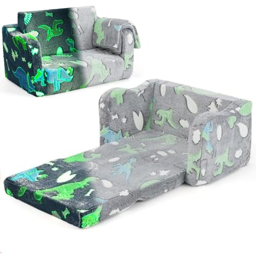 Maxmass 2 in 1 Flip Out Toddler Couch, Glow in the Dark Kids Sofa Chair with Soft Blanket, Fold Out Children Sofa Bed Convertible Armchair Lounger Bed for Boys Girls