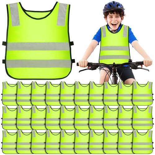 M-Aimee 30 Pcs Hi Vis Vests for Kids Children High Visibility Vest Bulk Reflective Safety High Vis Vest Neon Yellow Traffic Safety Jacket for Students Running Cycling Skiing