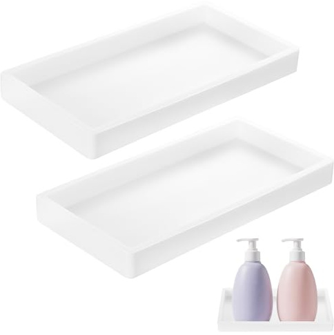 2 Stück Dekotablett Deko Tablett, Badezimmer Tablett Weiß Silikon Ablageschale, für Badewanne Küchen Toilette Schminktisch Kosmetisch Kerzen Tabletts (Rechteck, 20x10x1.9cm)