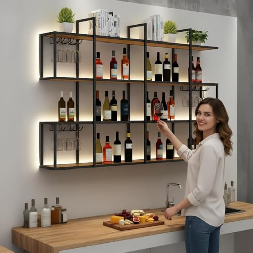 FKKPRVAX 100CM Portabottiglie da parete con luce a LED, portabottiglie da parete in metallo a 4 ripiani con ripiani, industriale per la decorazione di bar e sala da pranzo (Black, 39.3IN)