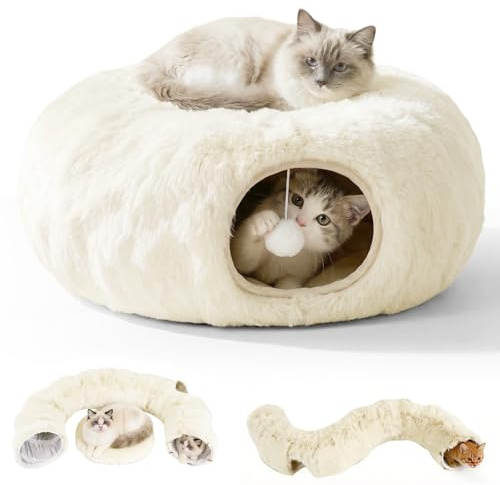SciFiVisi Katttunnel XXL, Stora Katter Med Sovplats Och Säng, Mjuk Med Två Ingångar, Kattgrotta Och Hängande Bollar, Kattmunk Katttunnel För Katt, Ljusgul